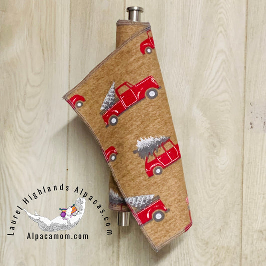 Red Pickup Truck with Christmas Tree "Un - Paper" Cotton Flannel Towels - Laurel Highlands Alpacas | AlpacaMom.com