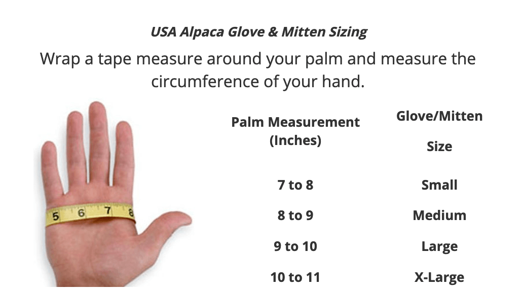 Hand Sizing Chart for U.S. grown and made alpaca boucle' lined alpaca mittens Laurel Highlands Alpacas Pennsylvania