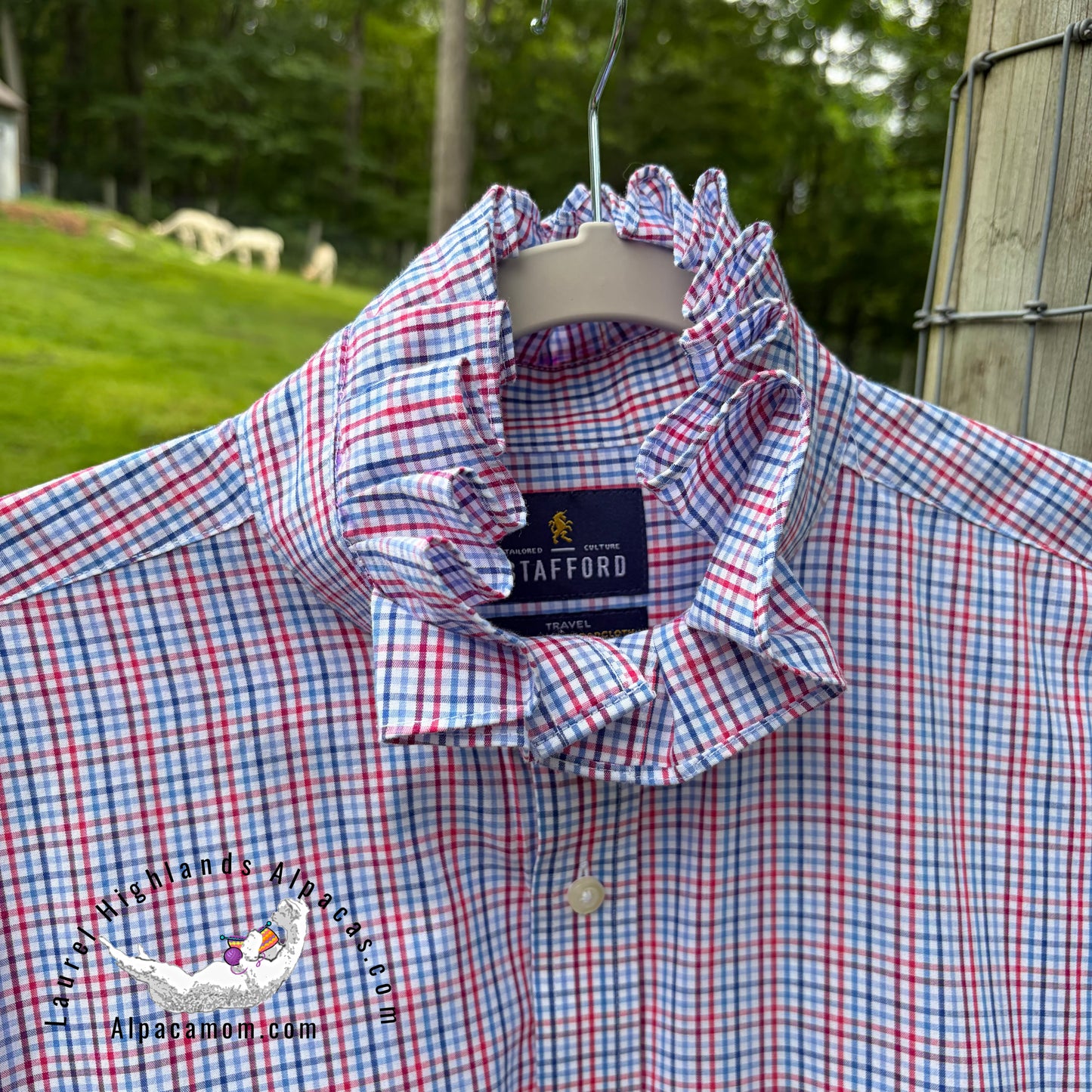 Joanna Up-Cycled Red White and Blue Ruffled Collar Shirt