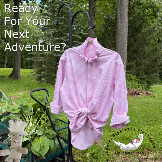 Fresh Pink and White Madison Up-Cycled Ruffled Collar Shirt - Laurel Highlands Alpacas | AlpacaMom.com