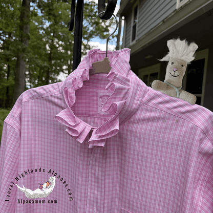 Fresh Pink and White Madison Up-Cycled Ruffled Collar Shirt - Laurel Highlands Alpacas | AlpacaMom.com