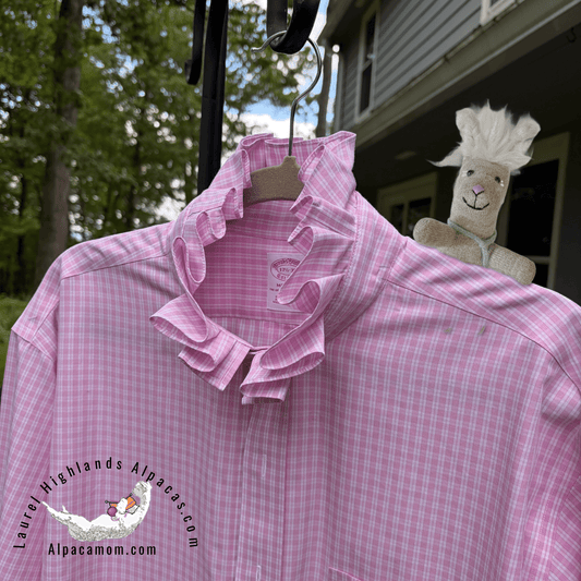 Fresh Pink and White Madison Up-Cycled Ruffled Collar Shirt - Laurel Highlands Alpacas | AlpacaMom.com