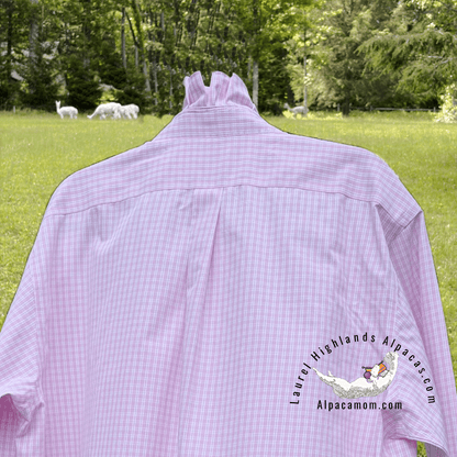 Fresh Pink and White Madison Up-Cycled Ruffled Collar Shirt - Laurel Highlands Alpacas | AlpacaMom.com