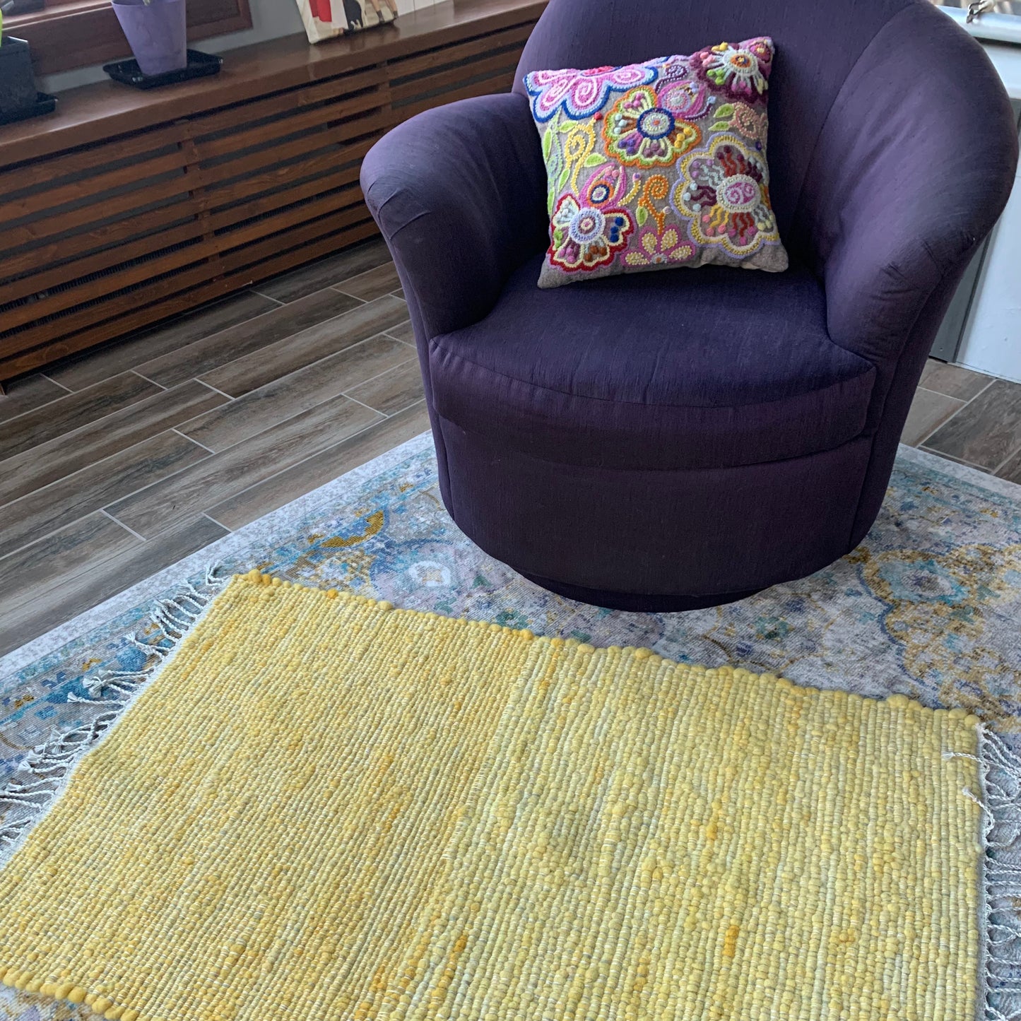 sunflower yellow rug woven from chunky alpaca corespun yarn 