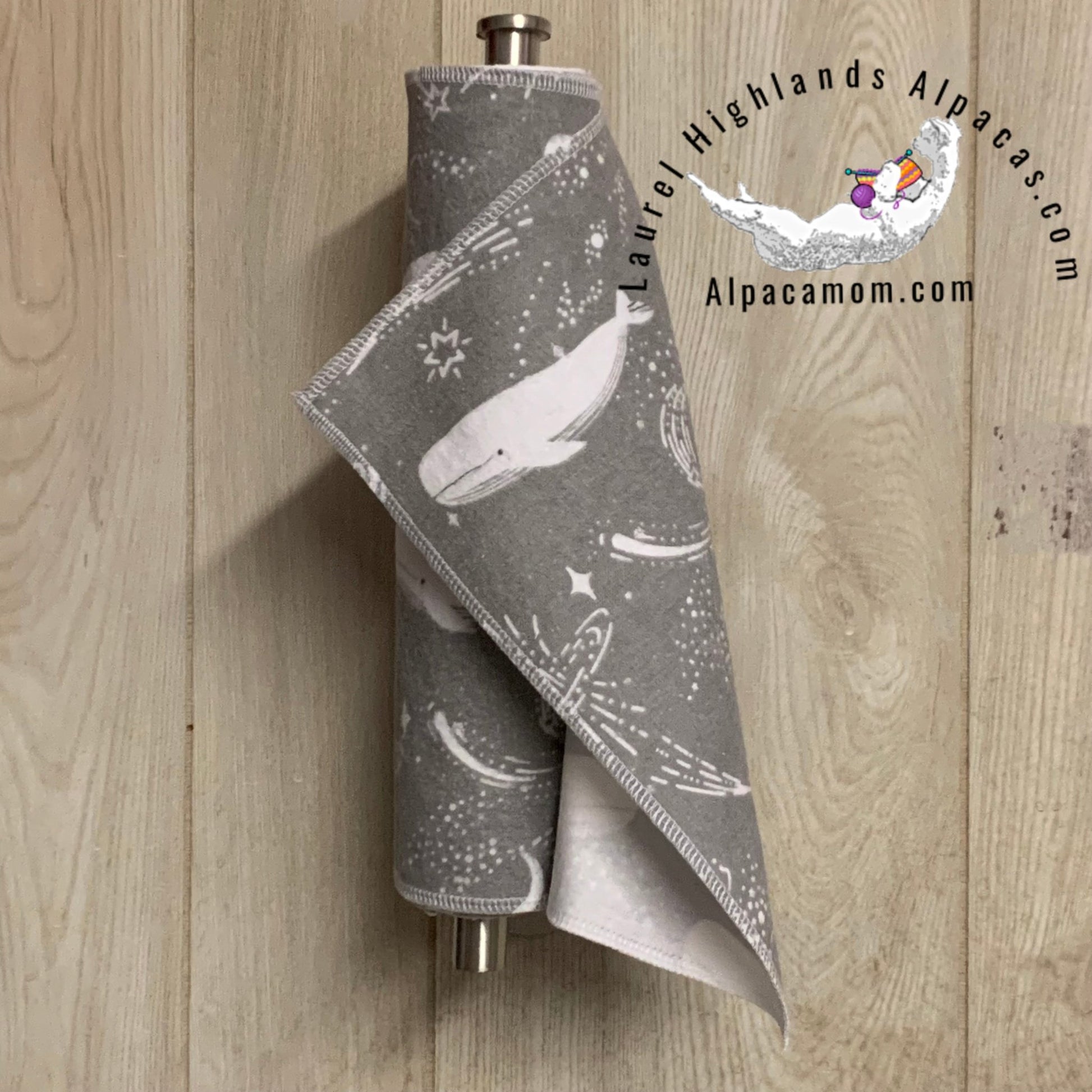 Hammy's "Un - Paper" Cotton Flannel Towels - Whales on Grey Background - Laurel Highlands Alpacas | AlpacaMom.com