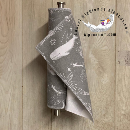 Hammy's "Un - Paper" Cotton Flannel Towels - Whales on Grey Background - Laurel Highlands Alpacas | AlpacaMom.com