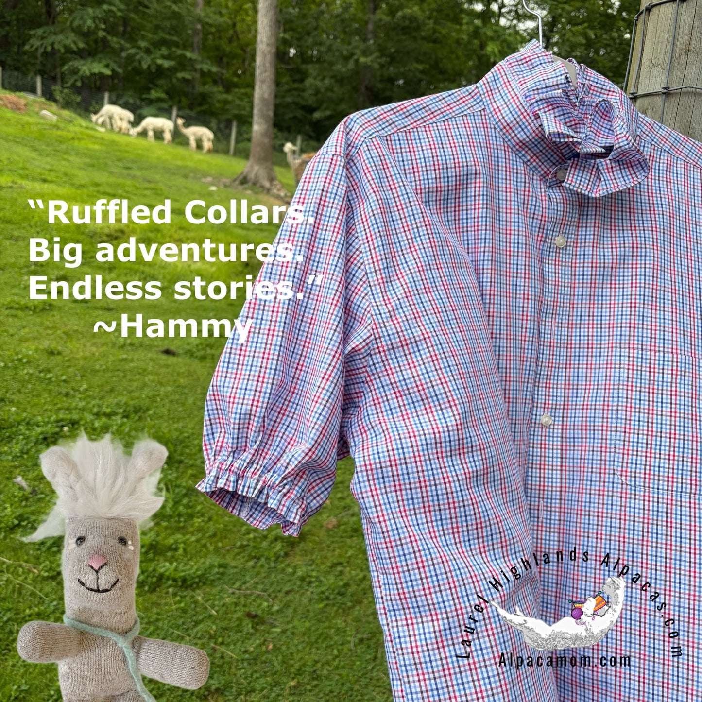 Joanna Up-Cycled Red White and Blue Ruffled Collar Shirt - Laurel Highlands Alpacas | AlpacaMom.com