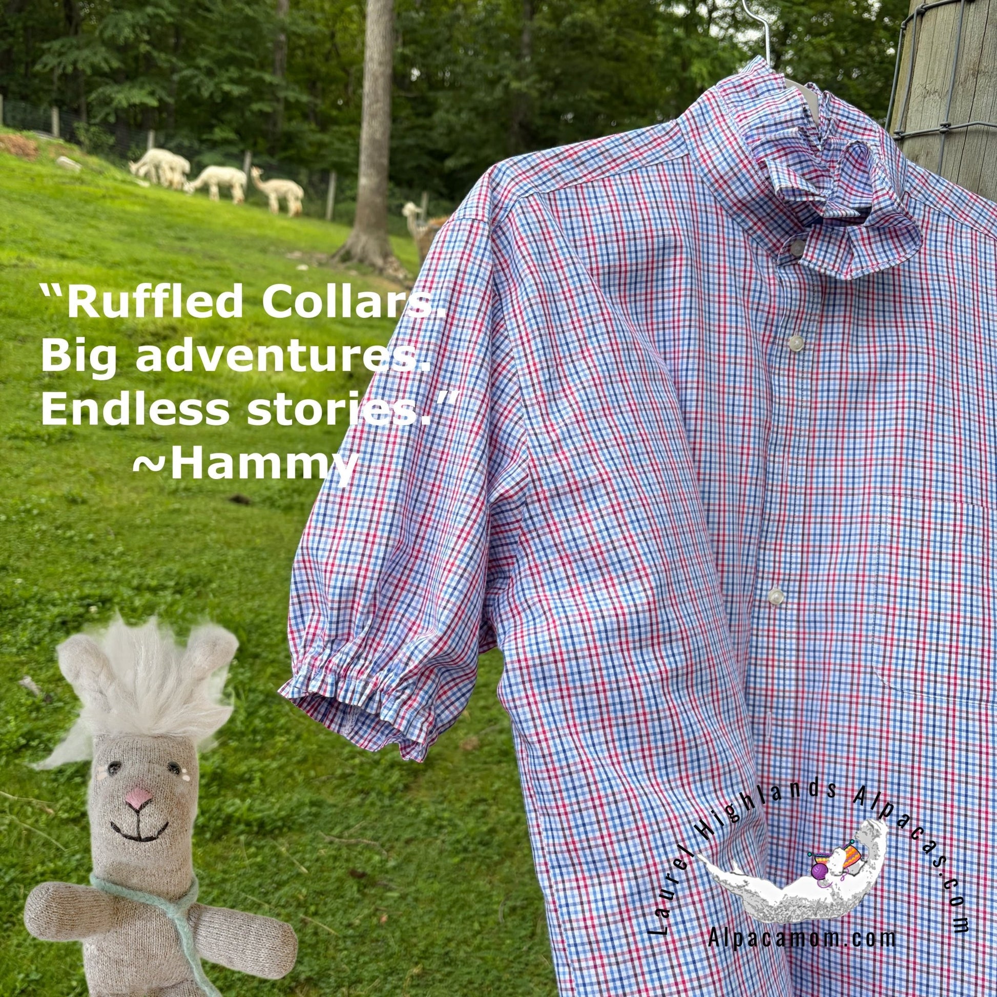 Joanna Up-Cycled Red White and Blue Ruffled Collar Shirt - Laurel Highlands Alpacas | AlpacaMom.com