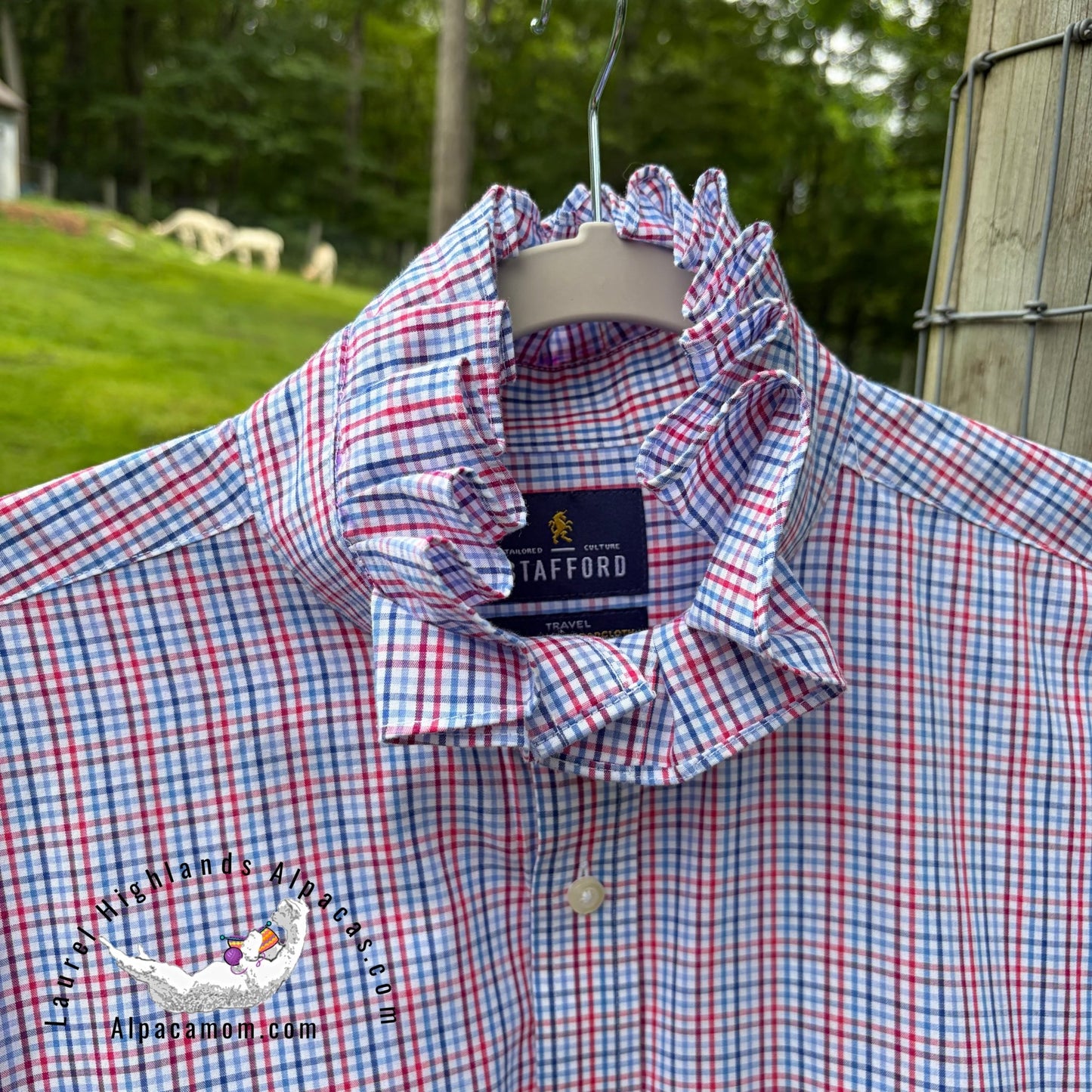 Joanna Up-Cycled Red White and Blue Ruffled Collar Shirt - Laurel Highlands Alpacas | AlpacaMom.com