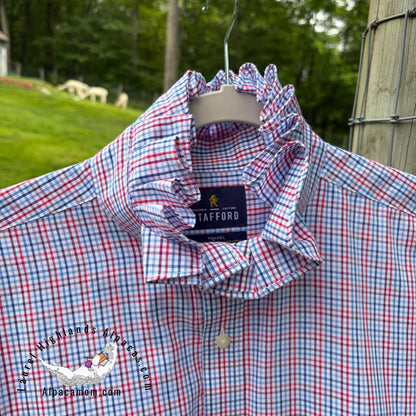 Joanna Up-Cycled Red White and Blue Ruffled Collar Shirt - Laurel Highlands Alpacas | AlpacaMom.com