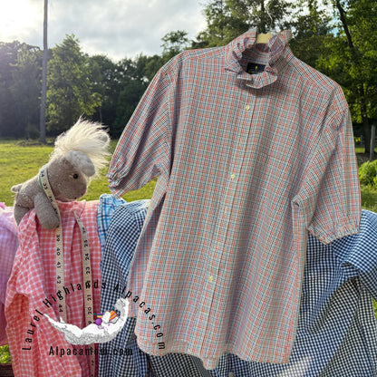 Joanna Up-Cycled Red White and Blue Ruffled Collar Shirt - Laurel Highlands Alpacas | AlpacaMom.com