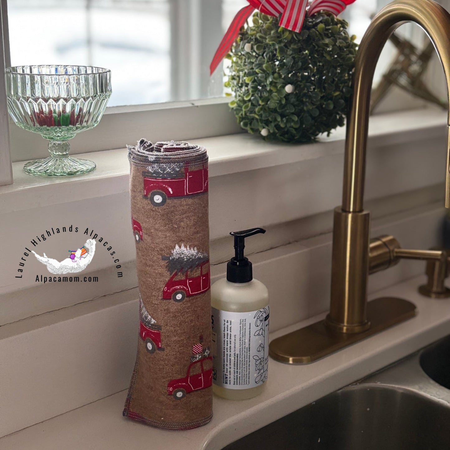 Red Pickup Truck with Christmas Tree "Un-Paper" Cotton Flannel Towels - Laurel Highlands Alpacas | AlpacaMom.com