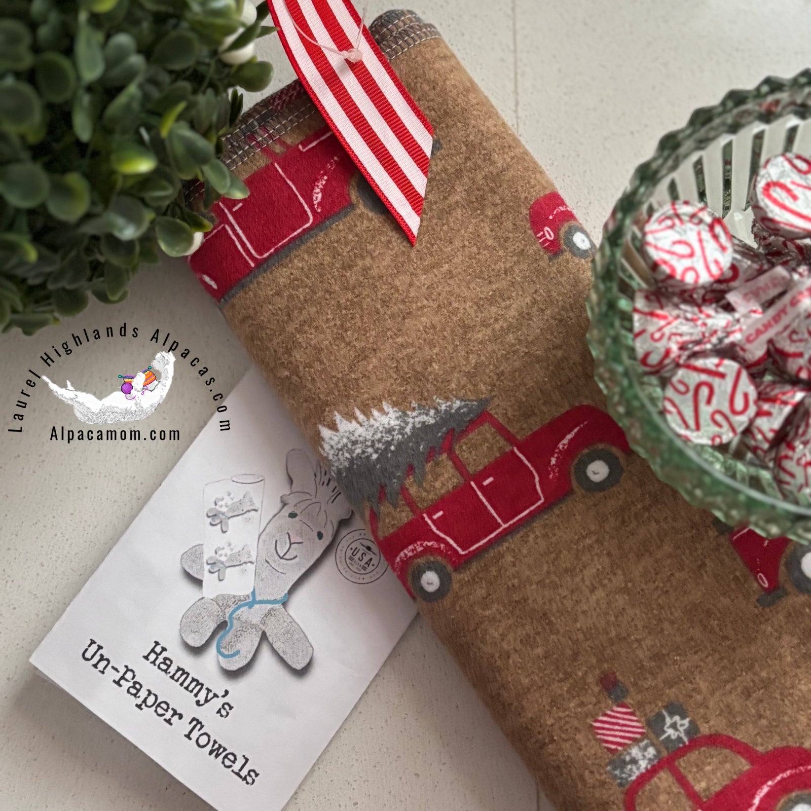 Red Pickup Truck with Christmas Tree "Un-Paper" Cotton Flannel Towels - Laurel Highlands Alpacas | AlpacaMom.com