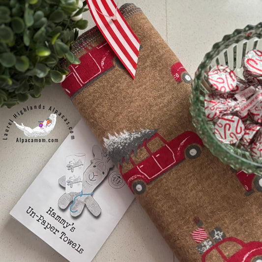Red Pickup Truck with Christmas Tree "Un-Paper" Cotton Flannel Towels - Laurel Highlands Alpacas | AlpacaMom.com